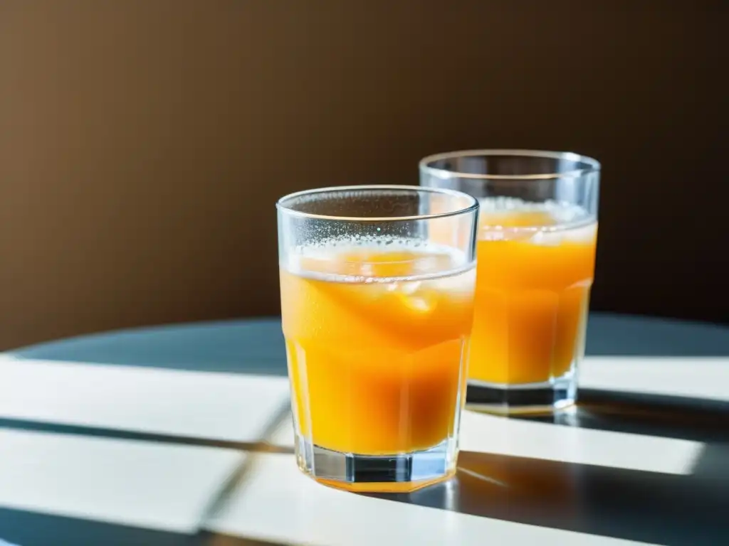 Dos vasos: uno con jugo de naranja orgánico vibrante y natural, el otro con refresco de naranja artificial