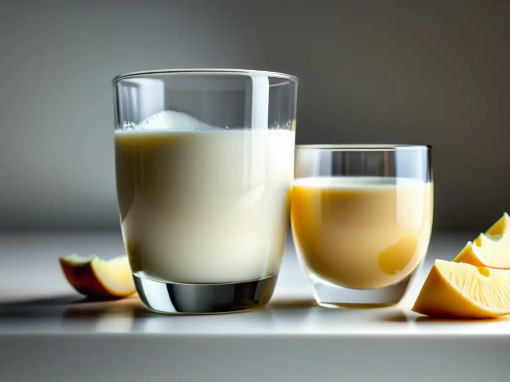 Dos vasos de leche, uno orgánico y otro no, muestran claramente las diferencias nutricionales lácteos orgánicos