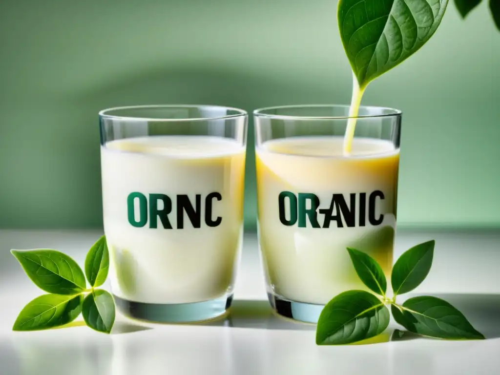 Dos vasos de leche, uno orgánico y otro no orgánico, con contrastes visuales y atmósfera evocadora de diferencias nutricionales lácteos orgánicos