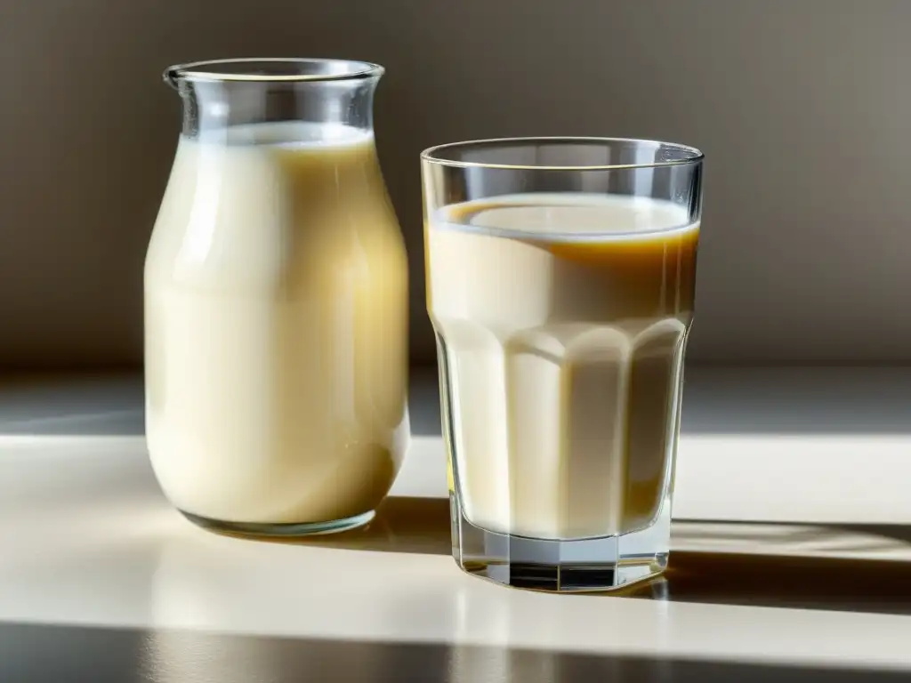 Dos vasos de leche, uno orgánico con tono dorado y otro convencional más pálido, sobre superficie blanca