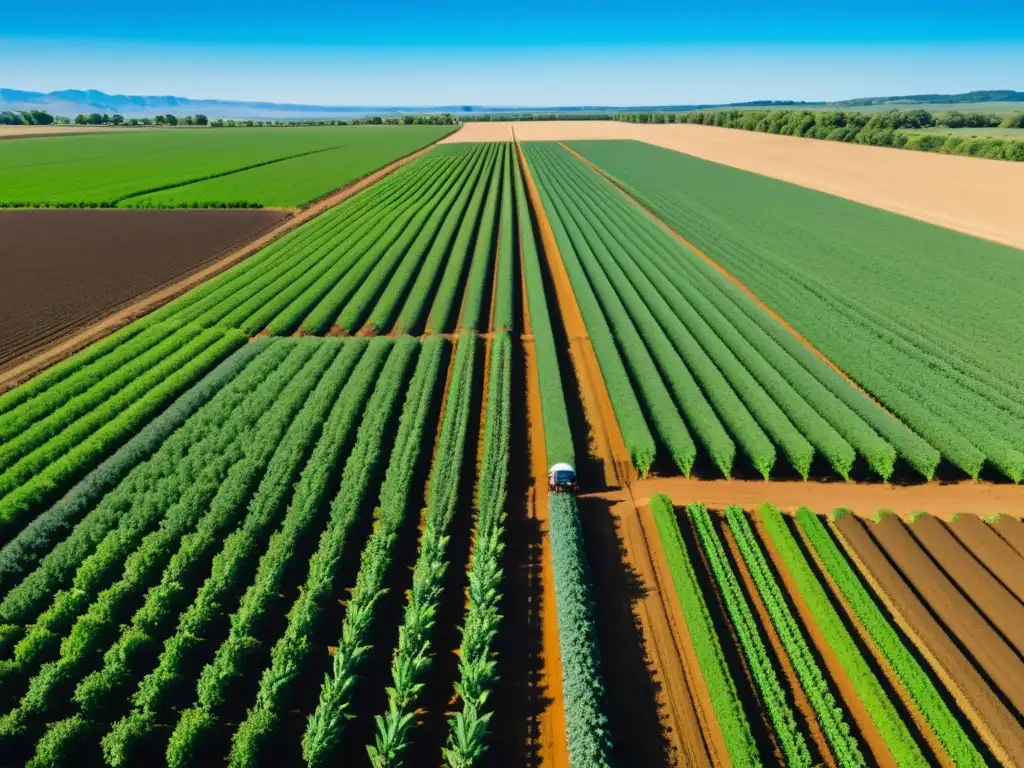 Un vasto campo orgánico bañado por el sol, con filas de cultivos verdes que se pierden en la distancia