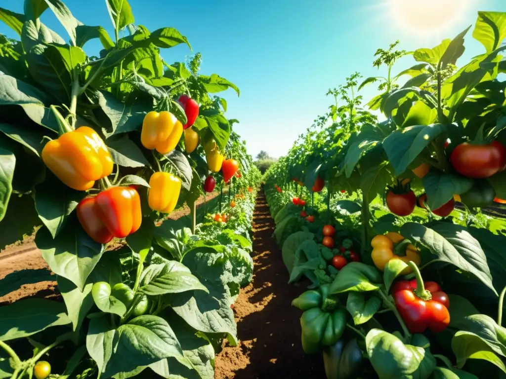 Un jardín vegetal exuberante con tomates maduros y pimientos de colores