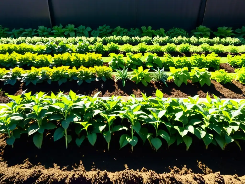 Un jardín de vegetales exuberante y vibrante con hileras de plantas cubiertas de mantillo oscuro