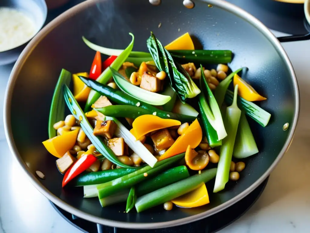 Vegetales orgánicos en platos asiáticos: Un wok tradicional rebosa con vegetales frescos y coloridos en una salsa fragante