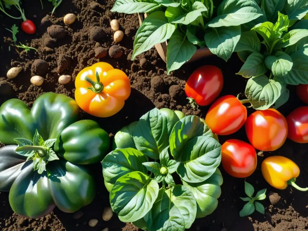 Un jardín de vegetales orgánicos recién cosechados, con tomates maduros, pimientos y papas, bañados por la luz del sol