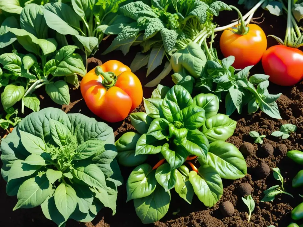 Un jardín de vegetales orgánicos recién cosechados, radiante y vibrante, con tomates, hojas verdes, pimientos y zanahorias