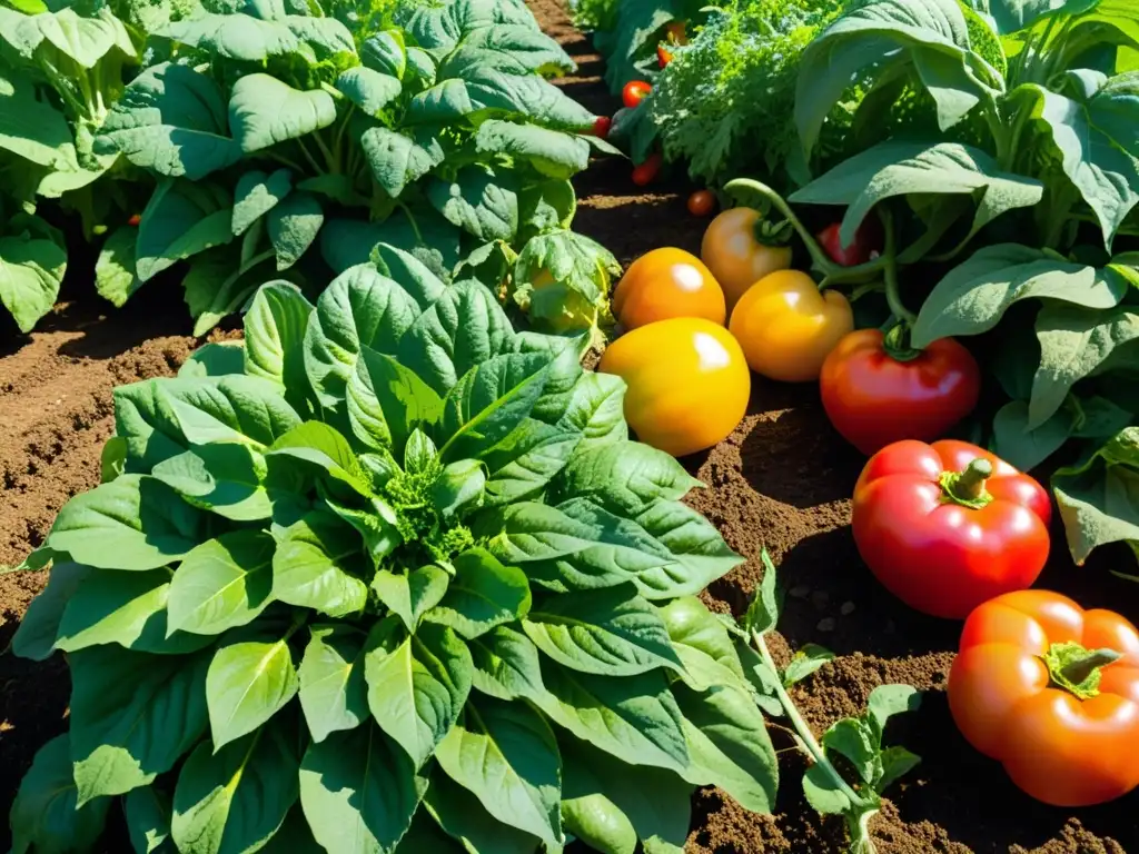 Un jardín de vegetales orgánicos sostenibles con hojas verdes, tomates coloridos y el brillo del sol