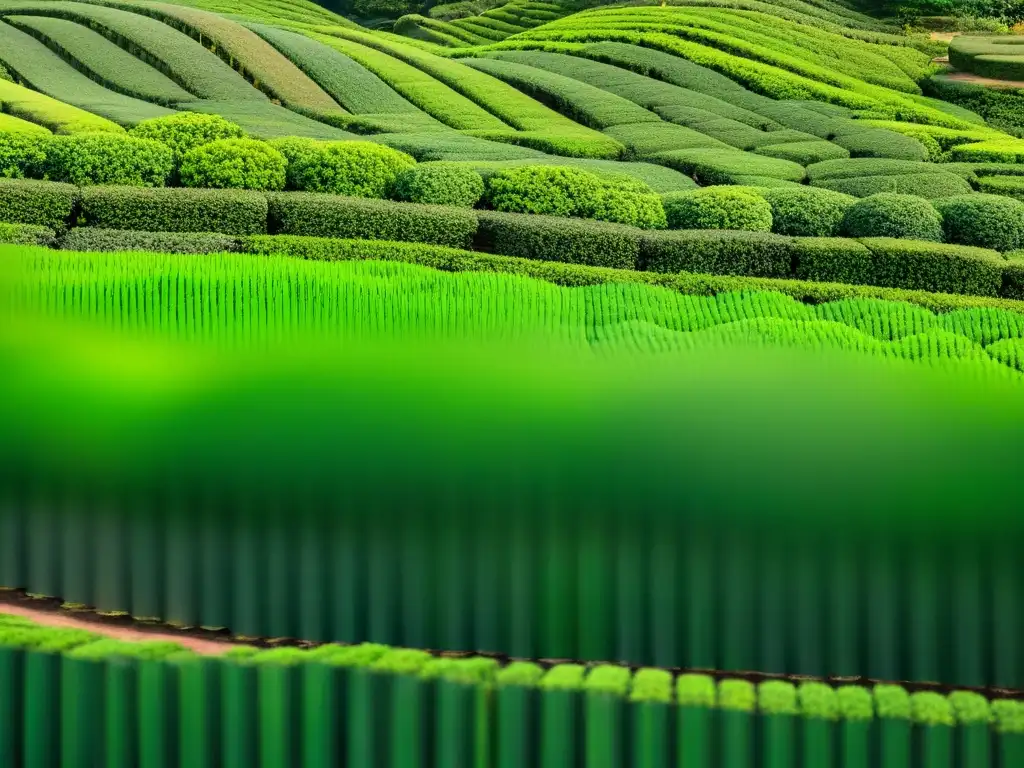 Plantación de té verde exuberante en colinas de Japón, con filas de arbustos podados