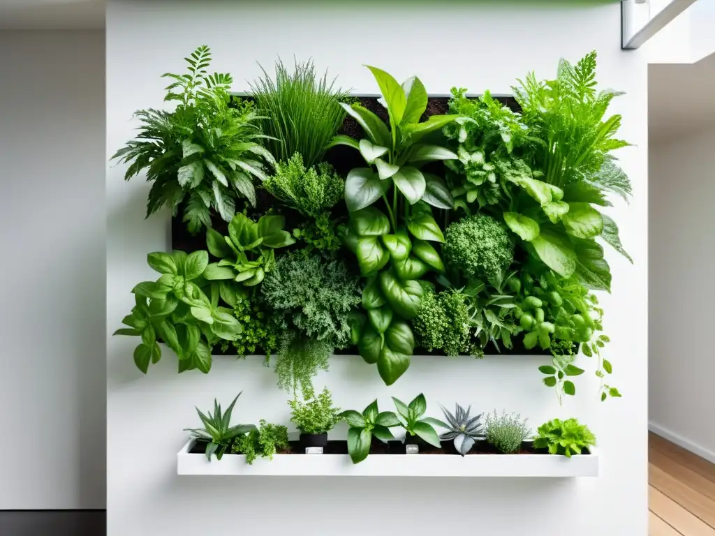 Un jardín vertical moderno y elegante con hierbas y vegetales verdes vibrantes, organizados en filas contra una pared blanca