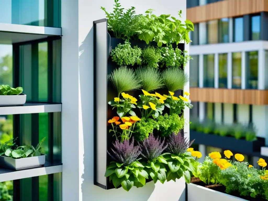 Un jardín vertical orgánico en un balcón, rebosante de vida y color, inspirando huertos verticales orgánicos en casa