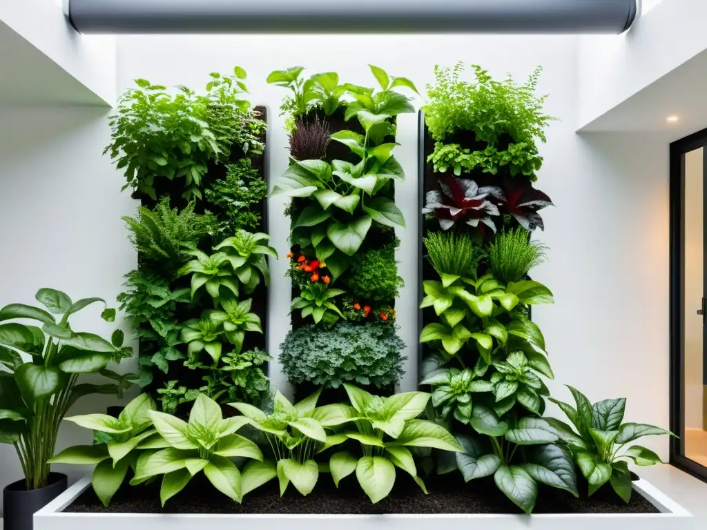 Un jardín vertical orgánico moderno y minimalista, con plantas exuberantes en una pared blanca