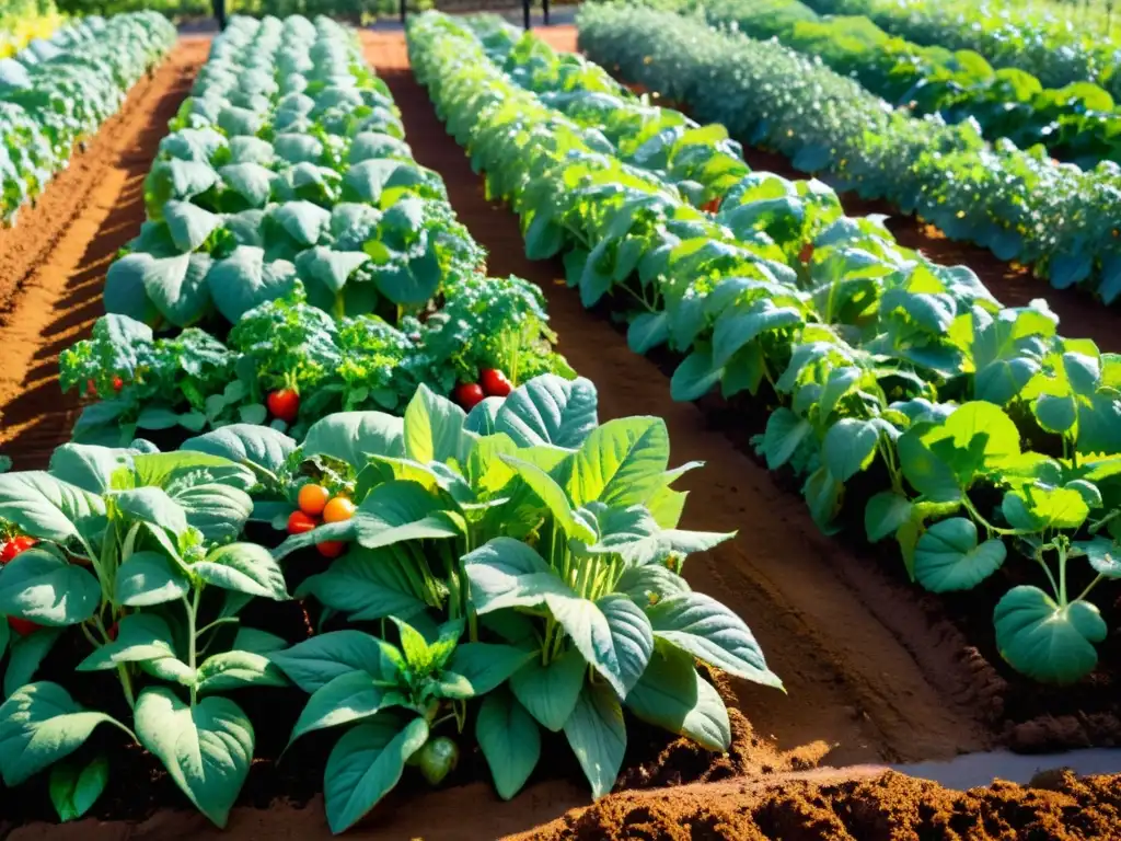 Un jardín orgánico vibrante con alimentos frescos y coloridos, evocando pureza y vitalidad