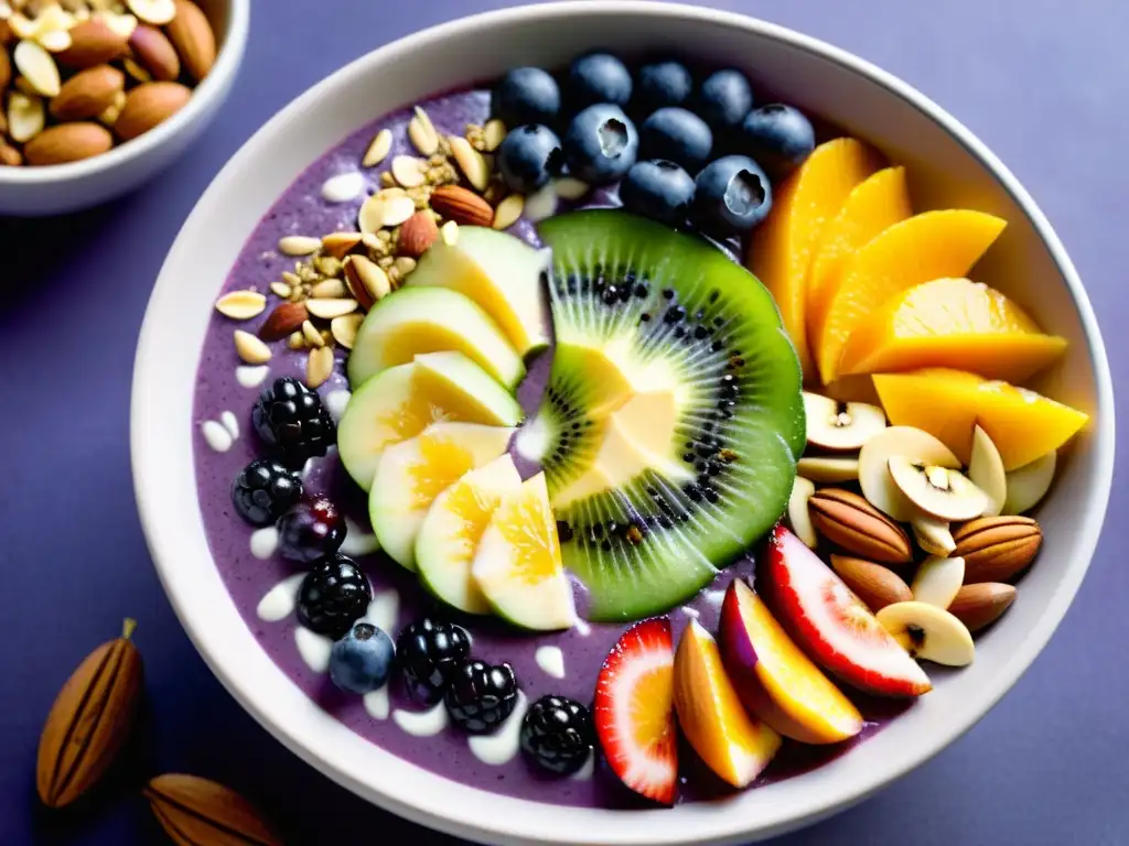 Un vibrante bowl de smoothie orgánico, repleto de frutas, nueces y semillas, ideal para deportistas