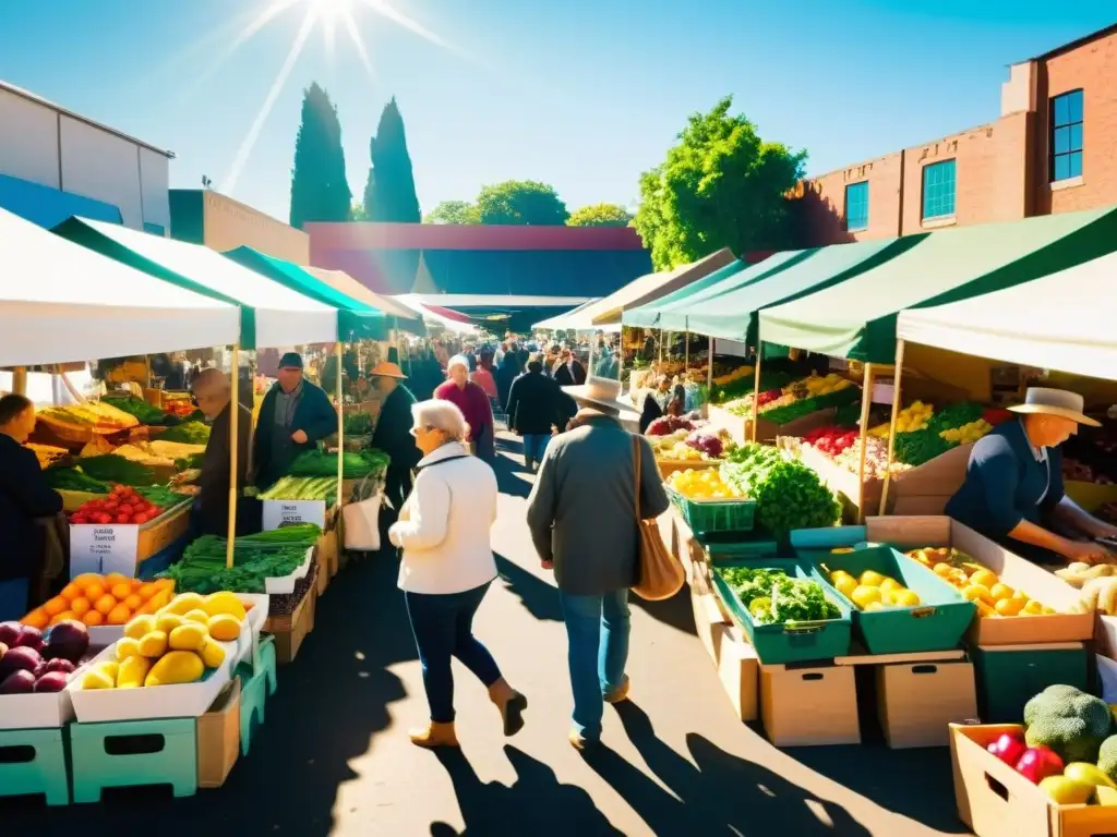 Una fotografía vibrante de un bullicioso mercado de agricultores locales, con puestos coloridos llenos de frutas y vegetales orgánicos