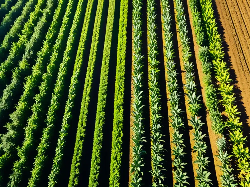 Vibrante campo de cultivo con filas ordenadas de plantas saludables