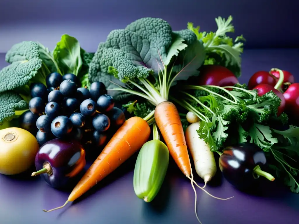 Una vibrante composición de frutas y verduras orgánicas resalta en luz suave