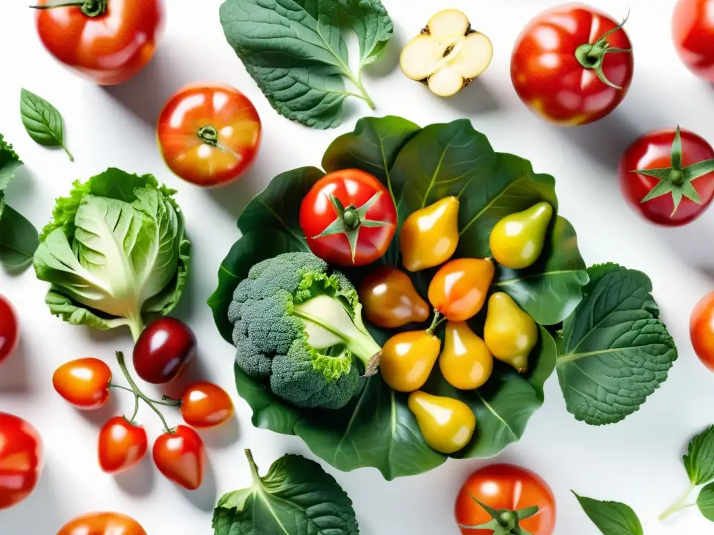 Vibrante cosecha de frutas y verduras orgánicas en exhibición simétrica sobre fondo blanco