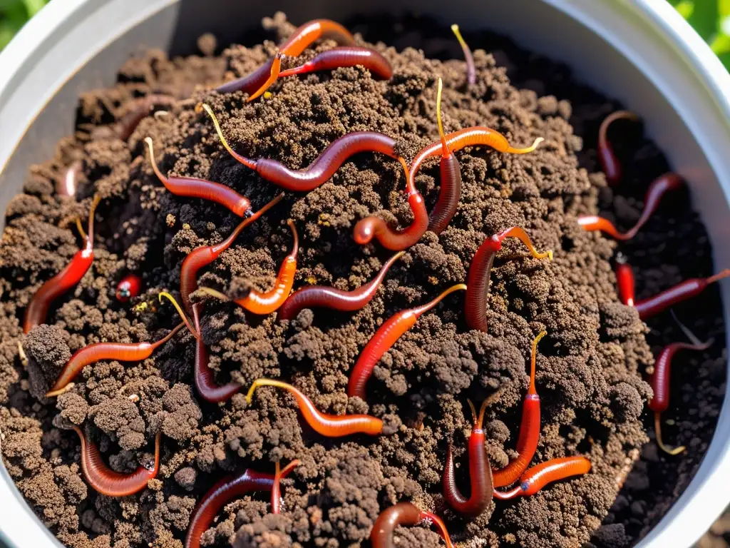 Vermicompost vivo: red de lombrices y nutrientes Un vibrante criadero de lombrices para compostaje eficaz, tejiendo un ecosistema dinámico en rico compost