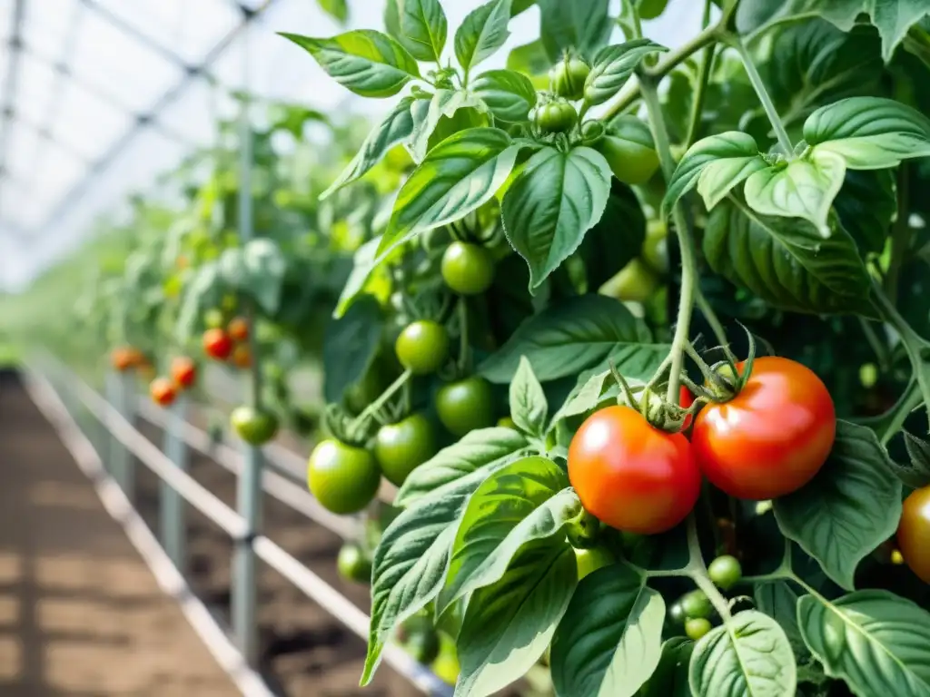 Vibrante cultivo de tomates orgánicos en invernadero, evocando vitalidad y prevención de enfermedades en cultivos orgánicos