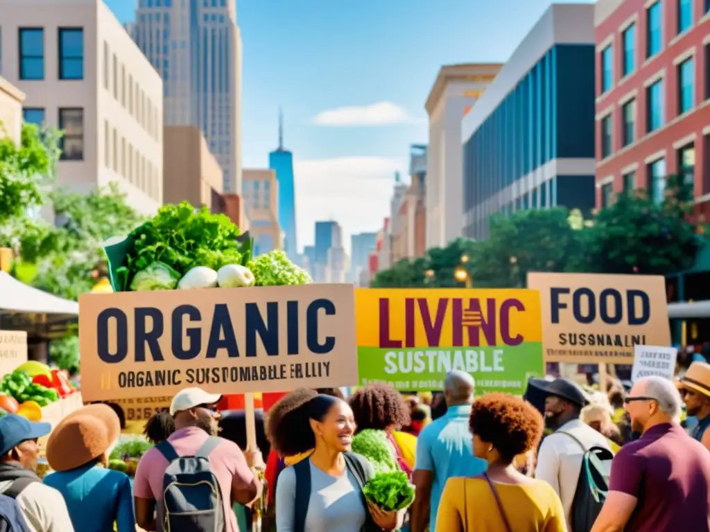 Un vibrante desfile de personas marchando en la ciudad con mensajes sobre alimentos orgánicos