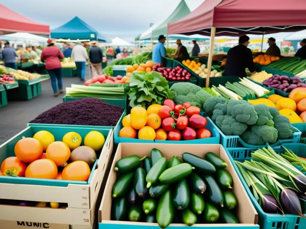 Una fotografía vibrante y detallada de un bullicioso mercado de agricultores, con una diversa variedad de productos frescos y orgánicos en exhibición