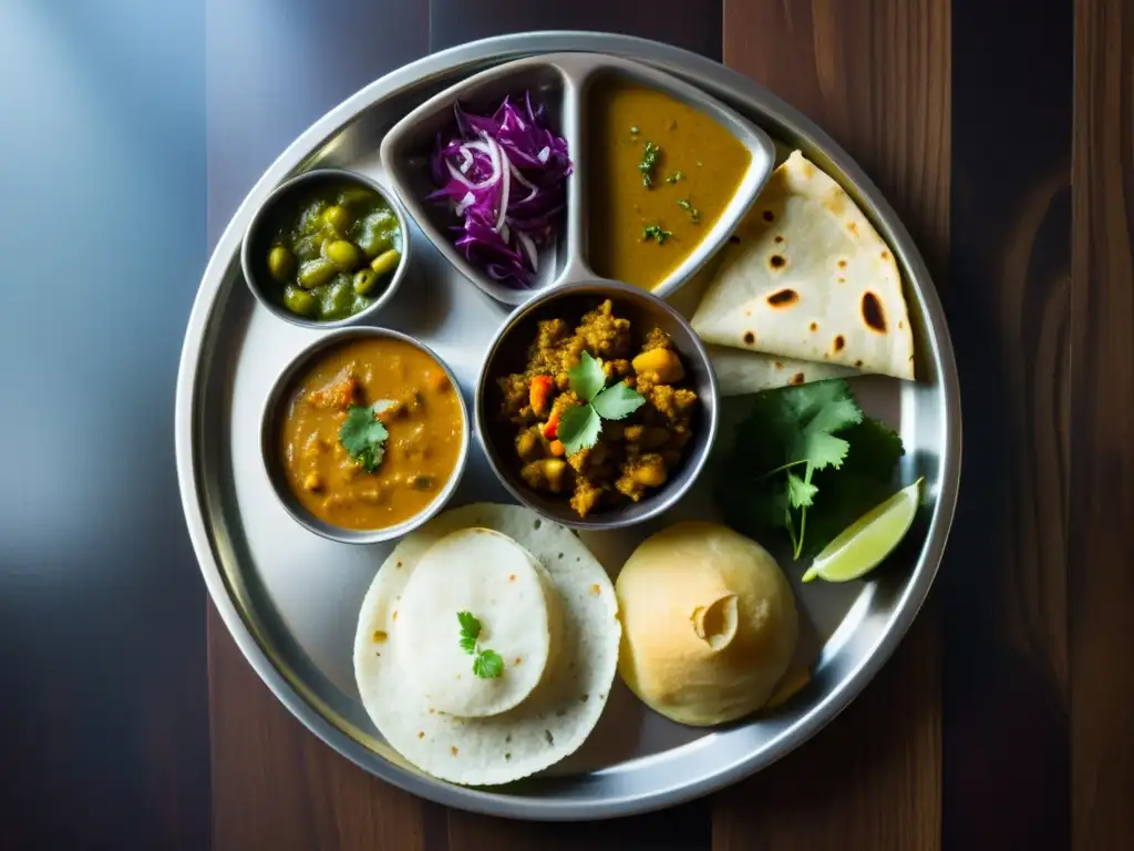 Una vibrante y detallada imagen de un thali tradicional indio con una variedad de platos orgánicos, resaltando la cocina india y una dieta equilibrada