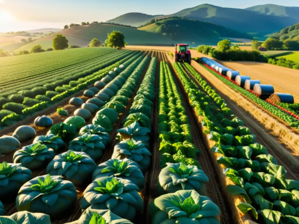 Un vibrante y dinámico paisaje de una granja orgánica, con agricultores cosechando frutas y verduras frescas