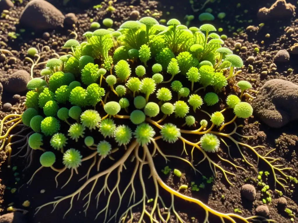 Vibrante ecosistema de abonos orgánicos composición microbiana suelo, con microorganismos, raíces y luz dorada