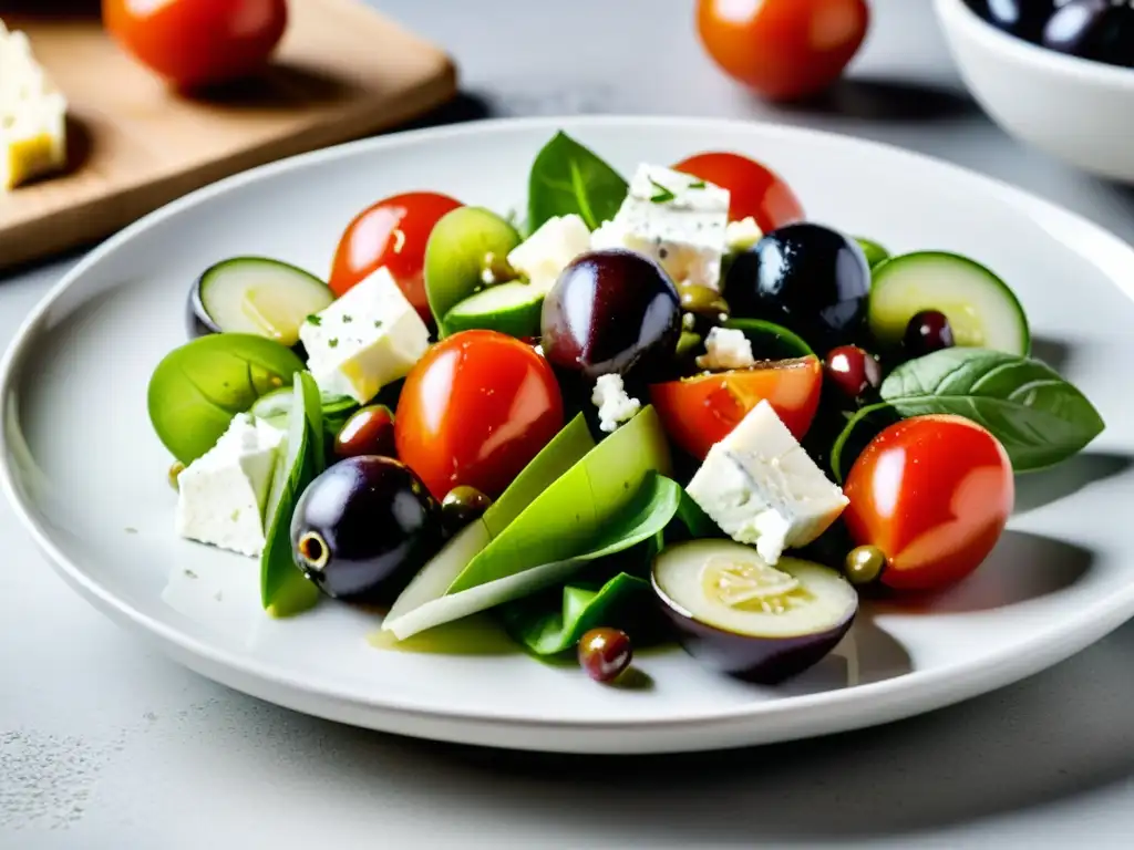 Una vibrante ensalada griega orgánica con tomate, pepino, queso feta, aceitunas Kalamata y aceite de oliva, en plato blanco