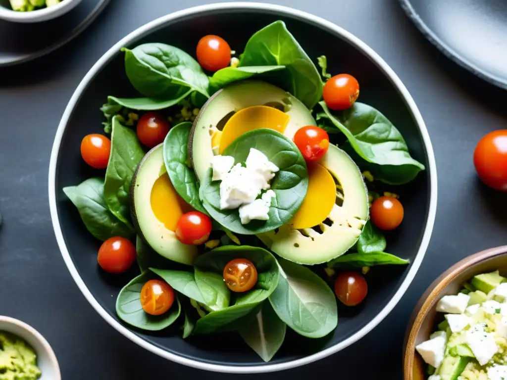 Una vibrante ensalada mexicana orgánica recién preparada con tomates cherry, lechuga fresca, aguacate y queso fresco