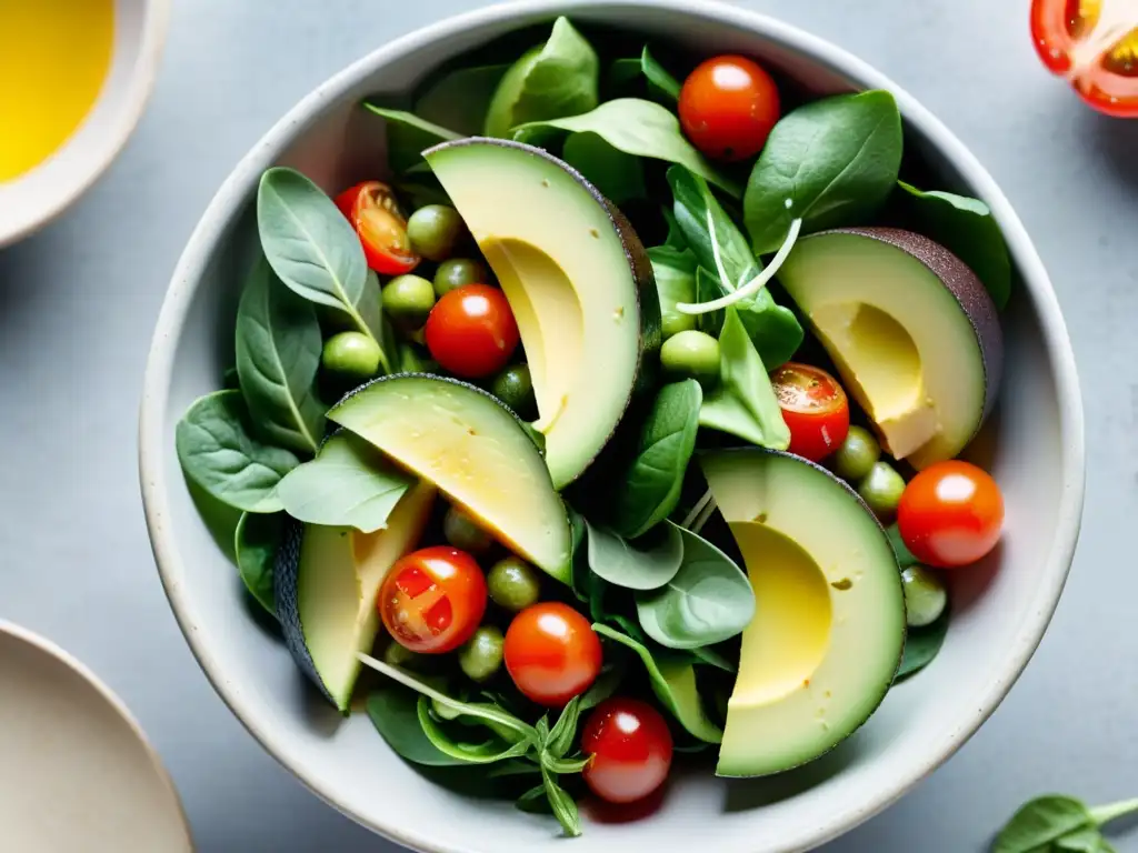 Vibrante ensalada orgánica en moderno tazón, resaltando la frescura y belleza de ingredientes naturales