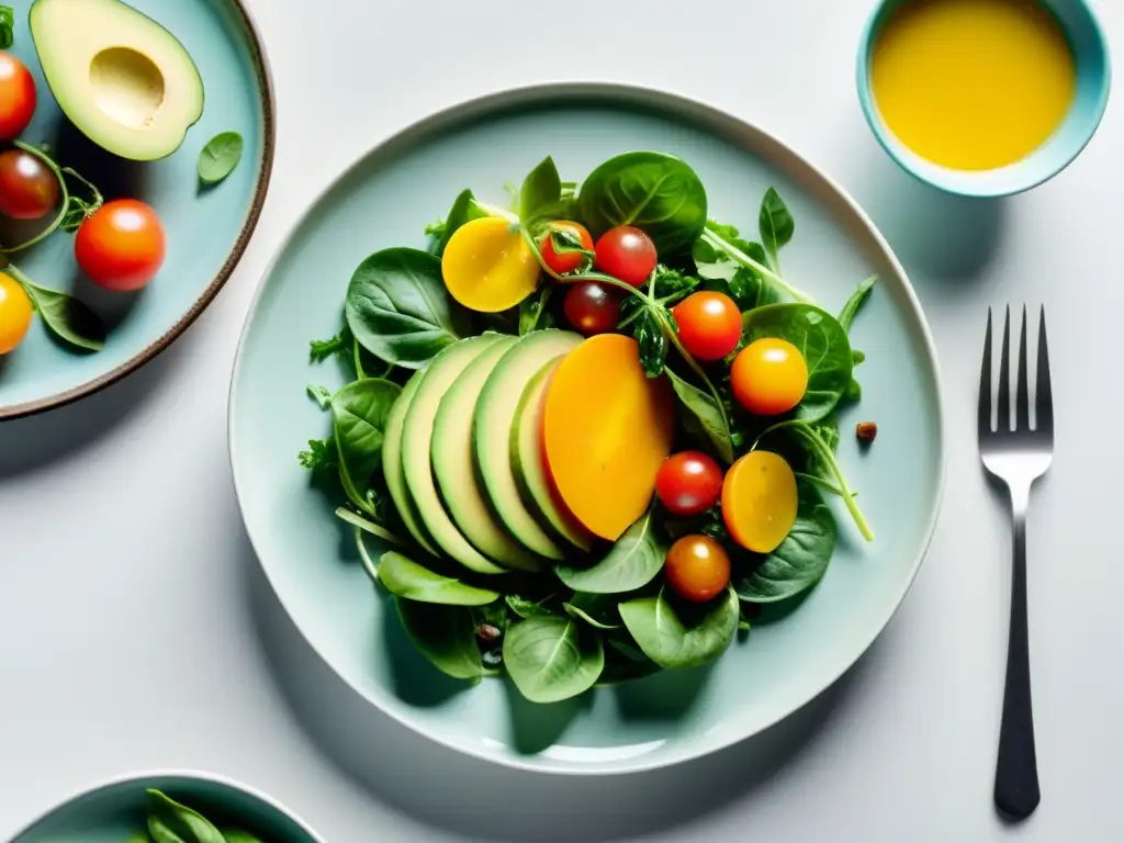 Vibrante ensalada orgánica con tomates y aguacate en un plato blanco, ideal para recetas orgánicas cenas ligeras