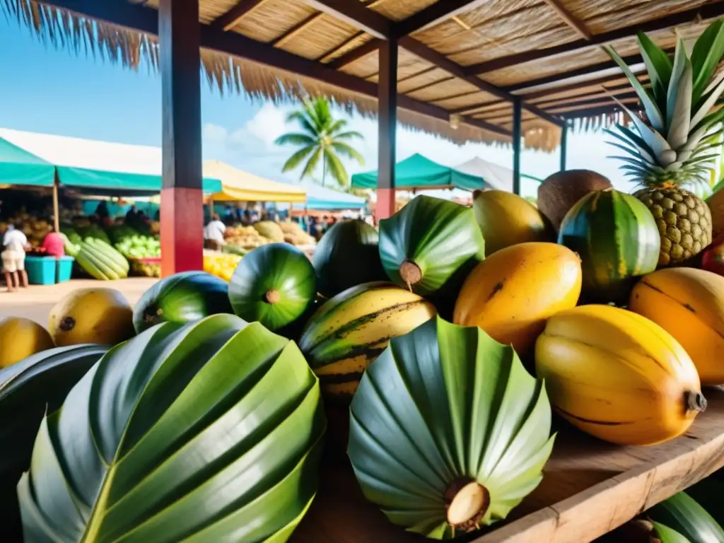 Una vibrante escena de mercado caribeño con ingredientes orgánicos como cocos, yuca, plátanos y frutas tropicales