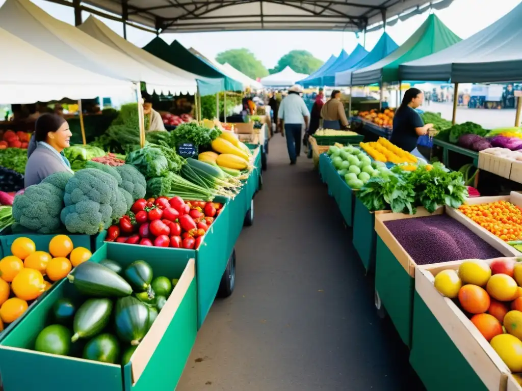 Una vibrante escena de un mercado local, donde la cadena suministro orgánico economía local se une en colores y comunidad