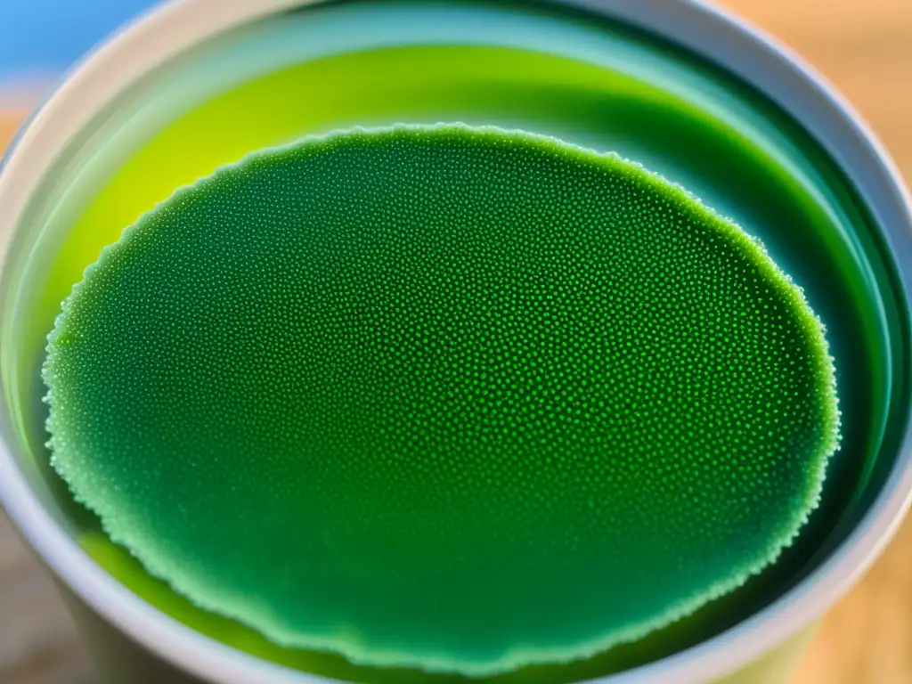 Vibrante espirulina orgánica en agua rica en nutrientes, con texturas ecológicas y brillo etéreo