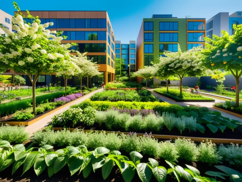 Un vibrante y exuberante agroforest urbano con una diversidad de árboles frutales, huertos y plantas florecientes en un espacio compacto de la ciudad