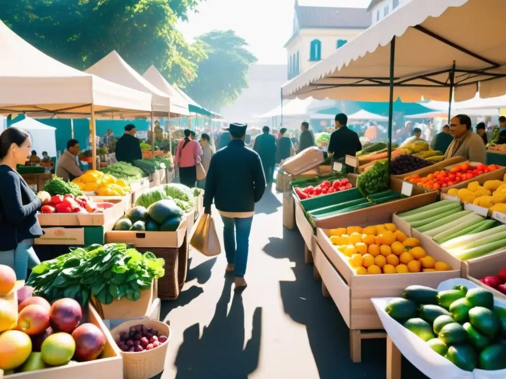 Vibrante feria orgánica donde productores y consumidores conectan en un ambiente cálido y auténtico