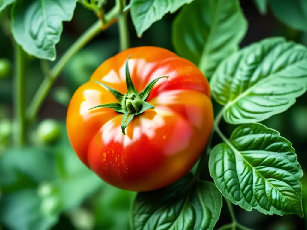 Tomate heirloom vibrante entre follaje exuberante, preservación variedades genéticas permacultura