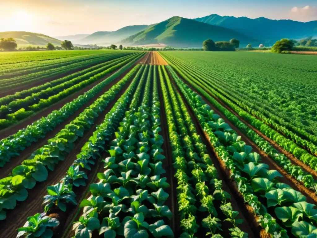 Vibrante granja orgánica con cultivos exuberantes y suelo saludable, resaltando la importancia del suelo saludable en la agricultura sostenible