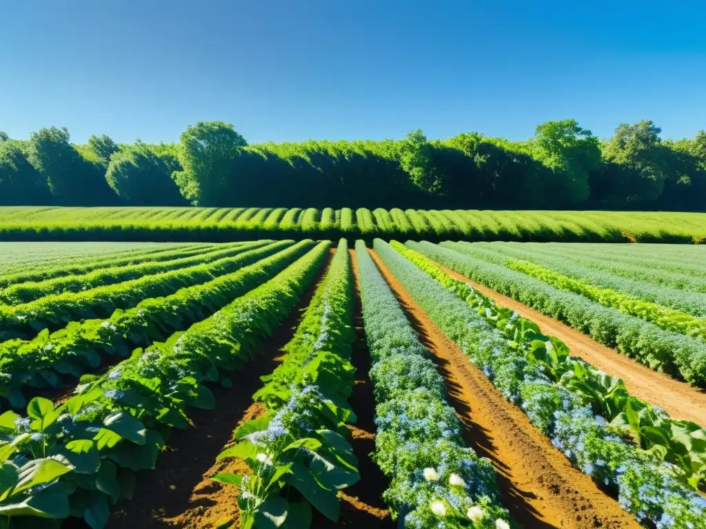 Vibrante granja orgánica con cultivos verdes bajo el cielo azul