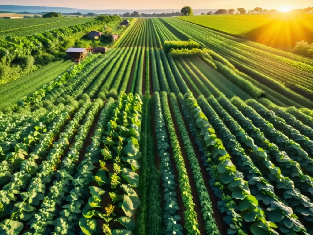 Vibrante granja orgánica con biodiversidad, sol dorado y montañas al fondo