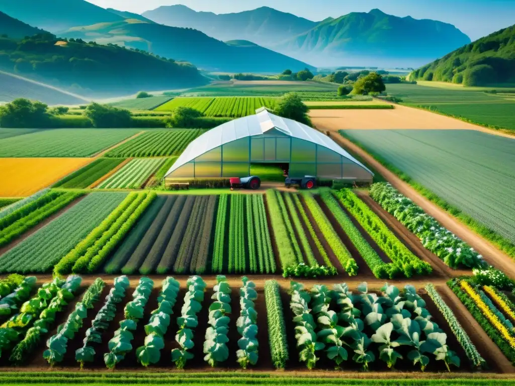 Vibrante granja orgánica en terreno desafiante, con cultivos prósperos y control natural de plagas