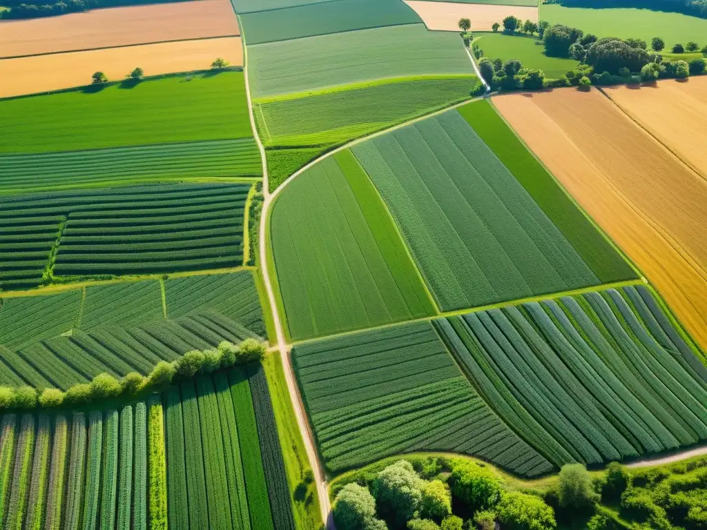 Vibrante granja regenerativa con campos verdes y agricultura exitosa