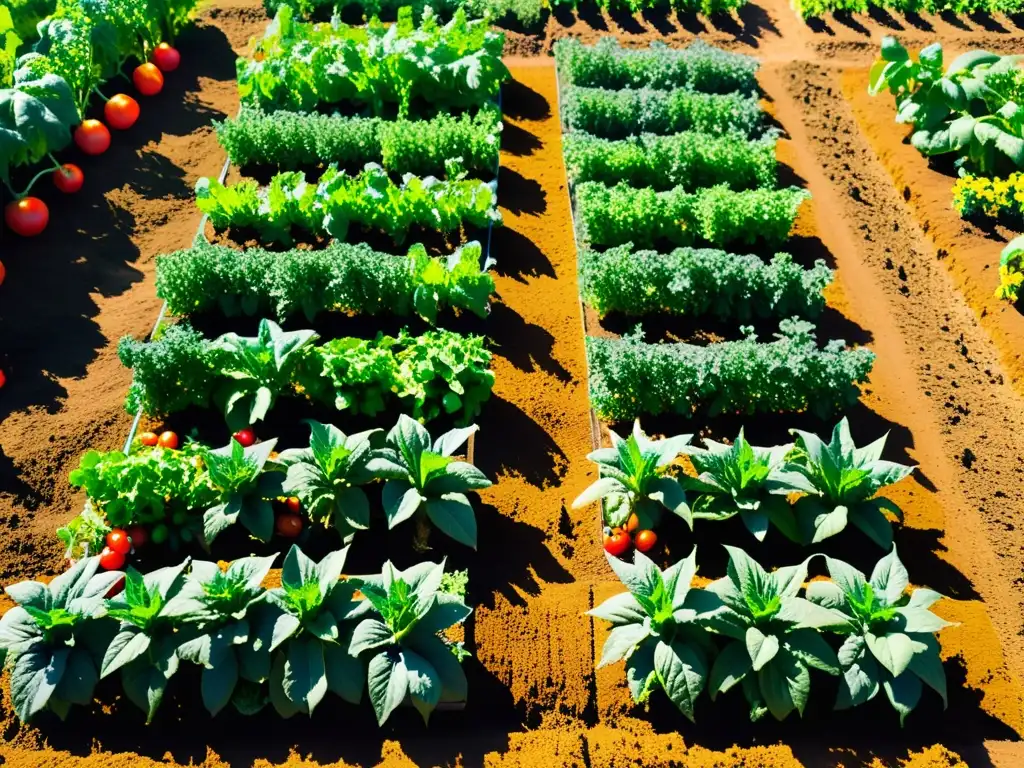 Un jardín orgánico vibrante con hileras de tomates, lechugas y pimientos