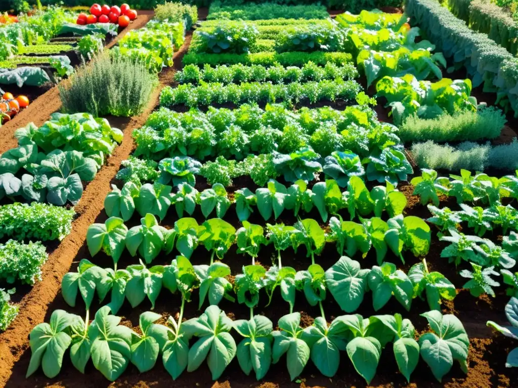 Jardín orgánico vibrante con hortalizas, tomates y luz solar filtrada