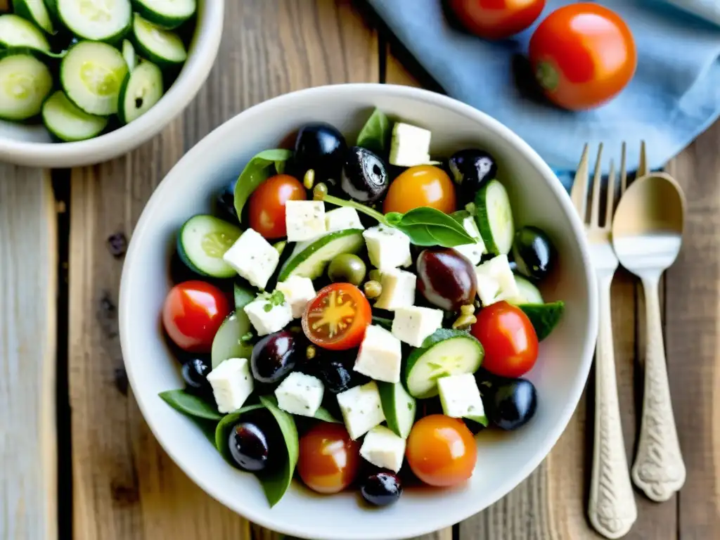 Una vibrante imagen de una ensalada griega orgánica, con ingredientes frescos sobre una mesa rústica