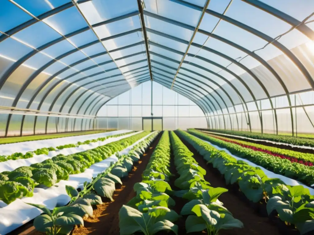 Vibrante invernadero con cultivos orgánicos, tecnología de monitoreo remoto y armonía natural