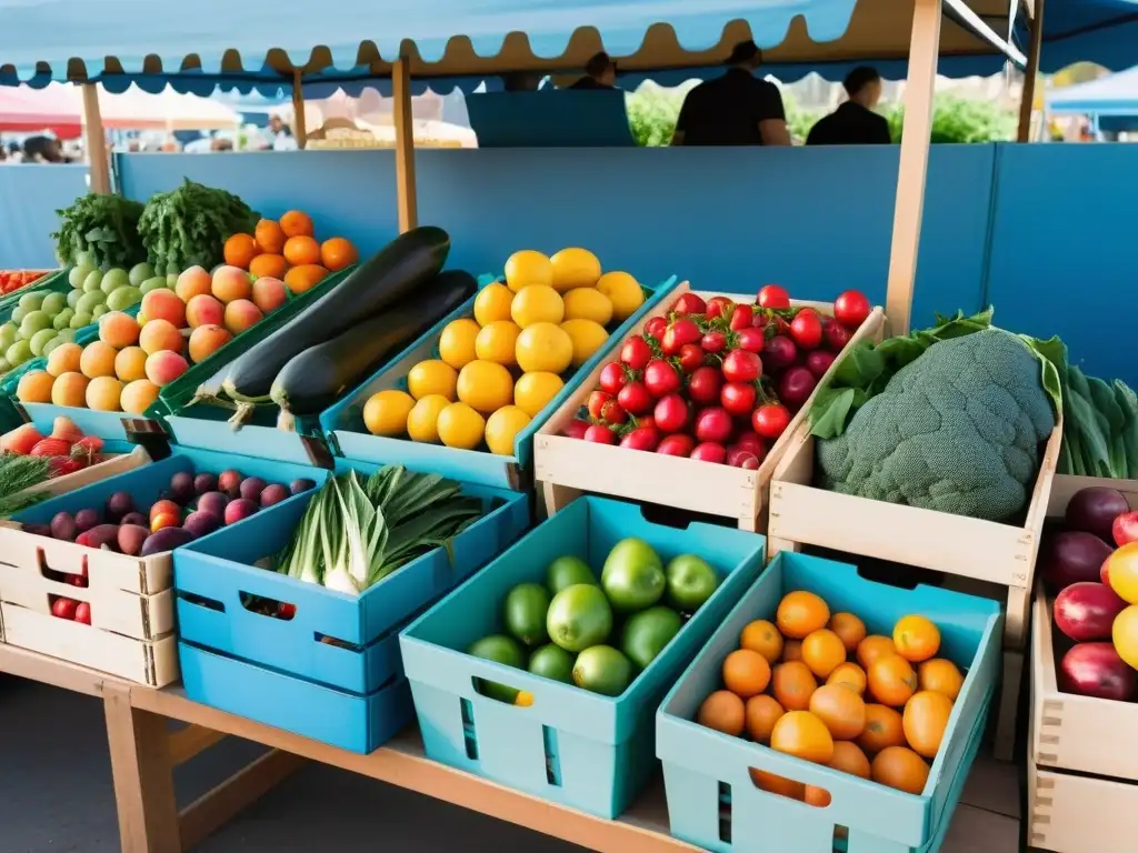 Un vibrante mercado de agricultores con frutas y verduras orgánicas, creando una escena colorida y atractiva