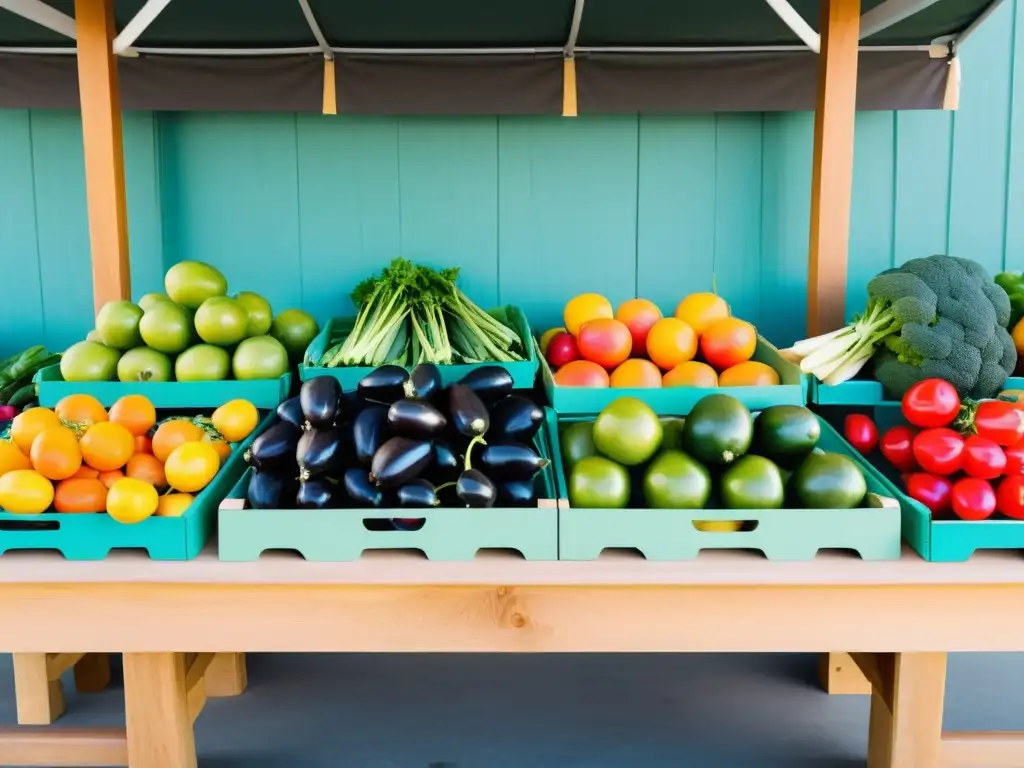 Vibrante mercado de alimentos orgánicos en dieta baja, con frutas y verduras frescas y coloridas en stands de madera, bañados por suave luz matutina