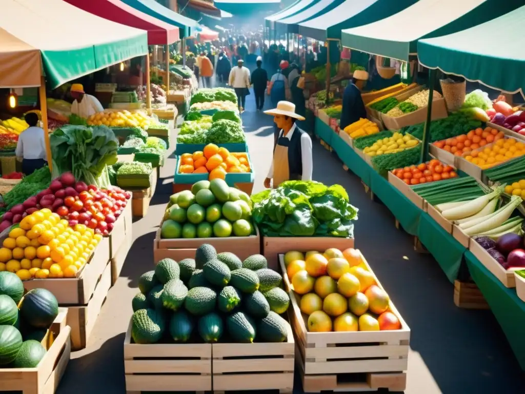 Vibrante mercado orgánico con frutas y verduras en patrones geométricos, clientes y vendedores en armoniosa interacción